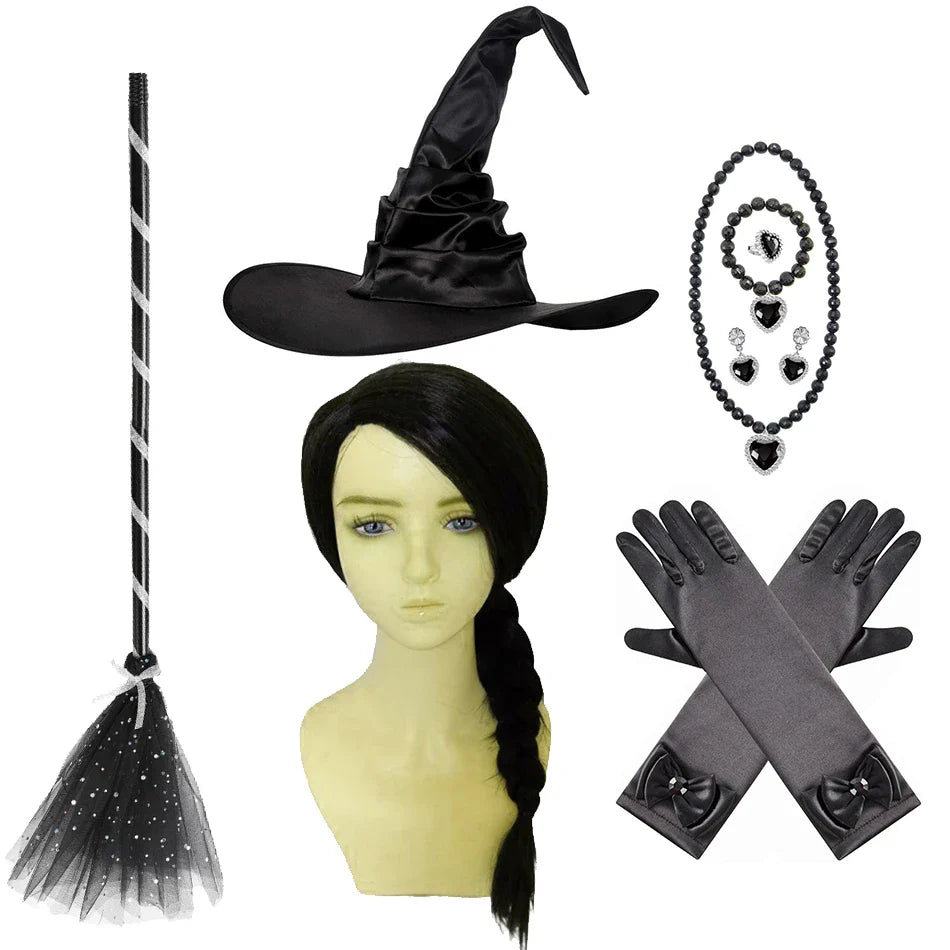 Halloween Witch Elphaba Costume Kids Purim Fantasy Outfits Girls Fancy Sets Children Long Sleeve Lace Ruffles Black Party Gown
