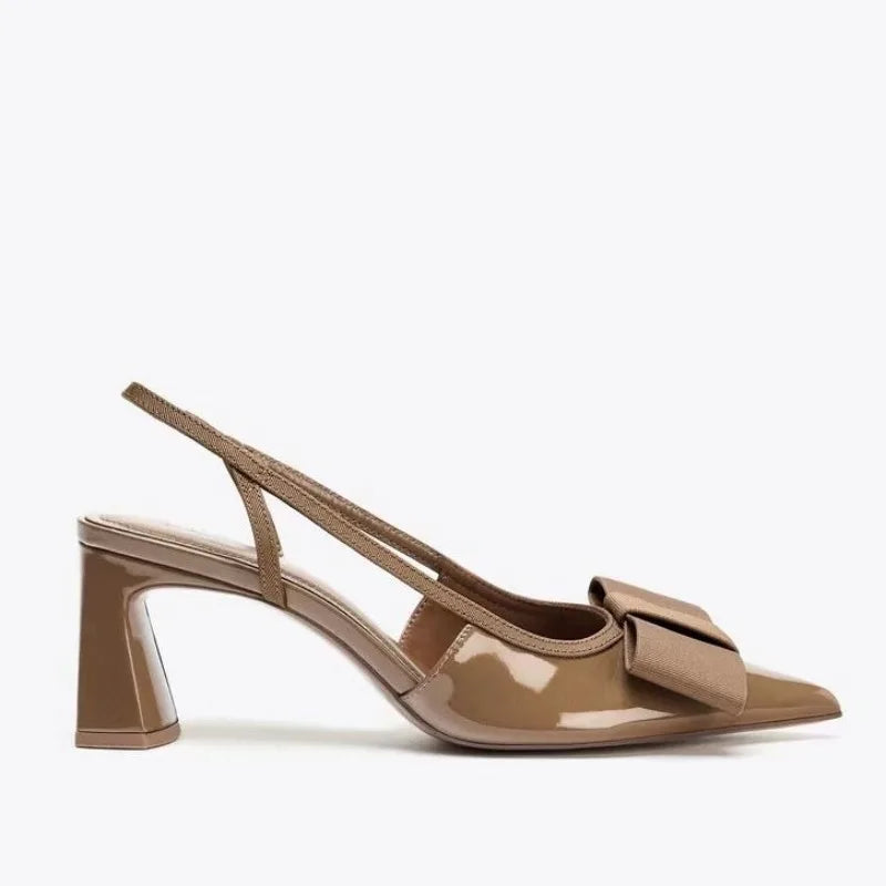 2026 Patent Leather Pointed Toe Heeled Sandals Women Elegant Bow Decoration Chunky Heel Pumps Luxury Designer Heels for Ladies