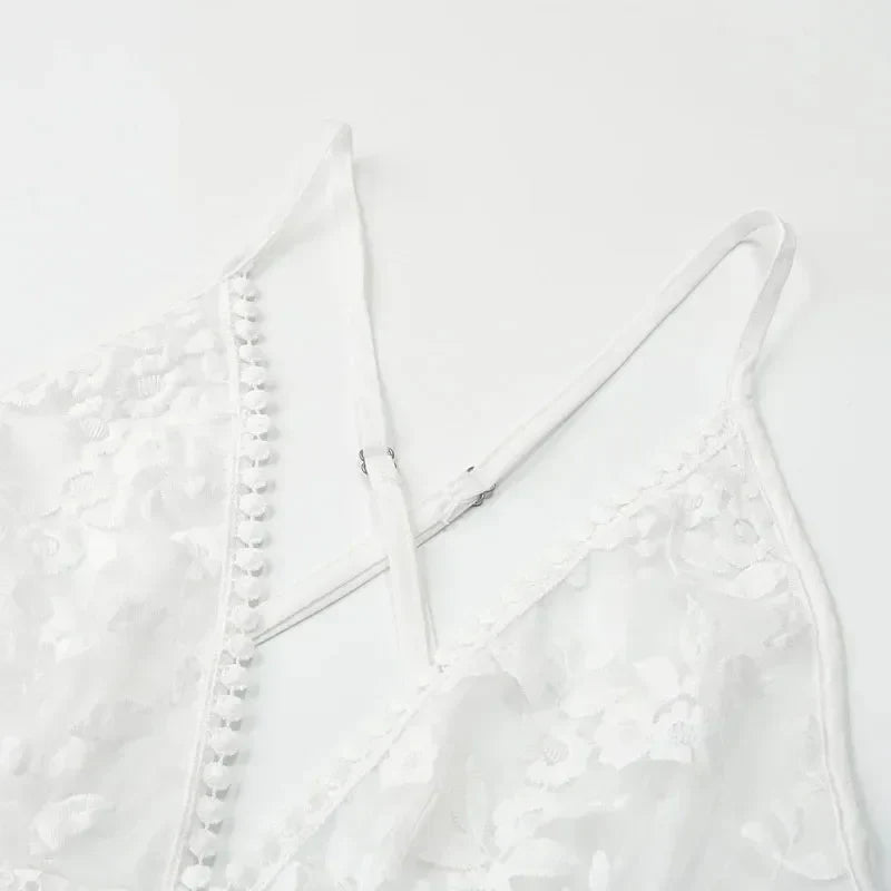 V Neck White Dress for Women Beach Lace Sling 2024 Summer Elegant Embroidery Dress Backless Casual Sleeveless Sexy Dress 21800