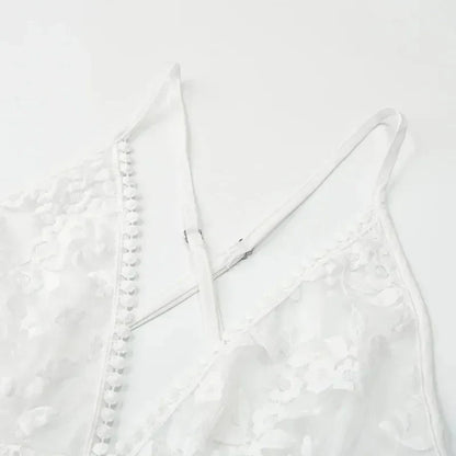 V Neck White Dress for Women Beach Lace Sling 2024 Summer Elegant Embroidery Dress Backless Casual Sleeveless Sexy Dress 21800