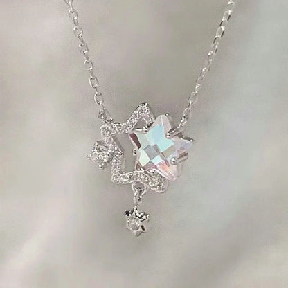 Fairy Elegant Pink Round Crystal Pendant Necklace Simple Design Korean Fashion Girls Women Star Clavicle Chain Jewelry Gifts