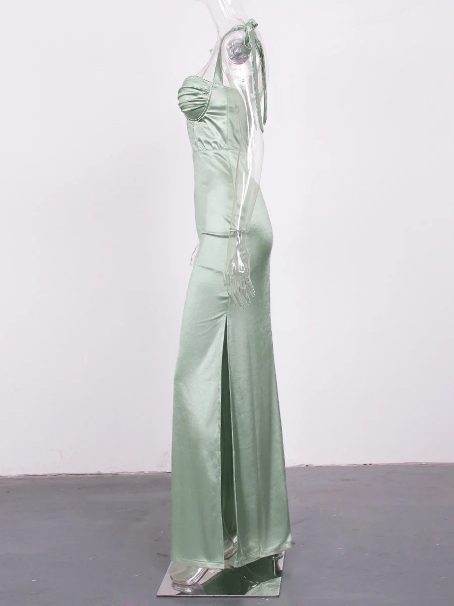 Sexy Sweetheart Ruched Padded Satin Maxi Dress Side Split Tie Up Sleeveless Cocktail Party Evening Bridesmaids PromGown