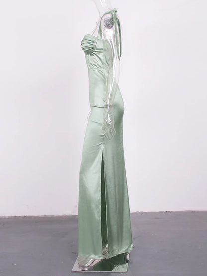 Sexy Sweetheart Ruched Padded Satin Maxi Dress Side Split Tie Up Sleeveless Cocktail Party Evening Bridesmaids PromGown