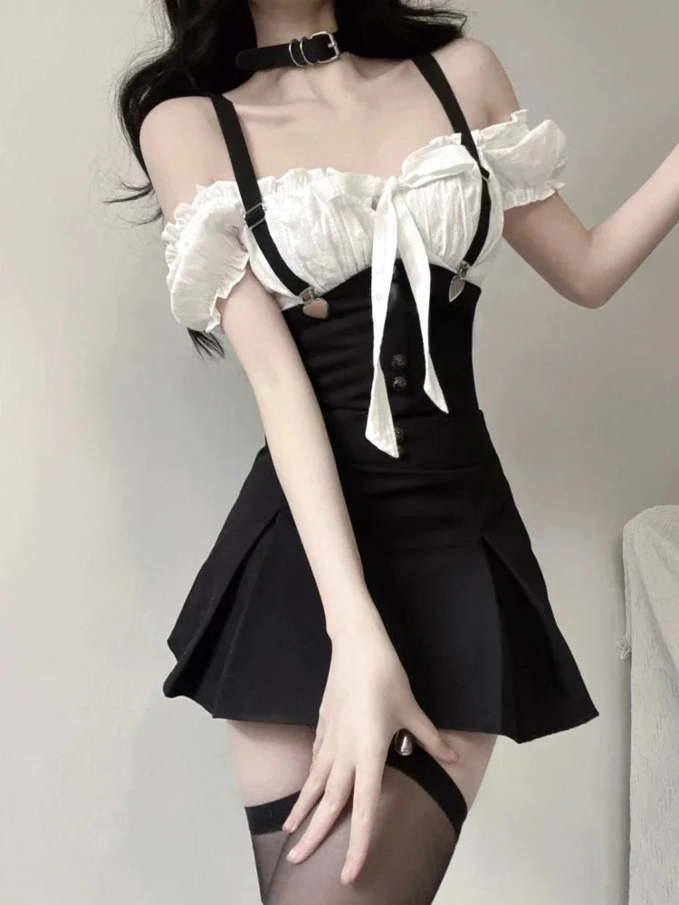 Chic Y2k Two Piece Dress Sets Female Summer Black Bodycon Dress Crop Top Women Party Korean Fashion Even Mini Dress Suits