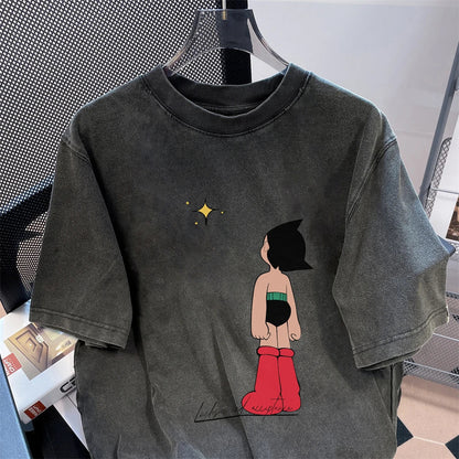 Washed Cartoon Short-Sleeved Tees Men's Women's T-Shirt American Streetwear Vintage Washed Cotton Tops Super Popular