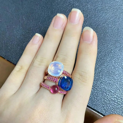 Conjunto de 3 anéis empilháveis ​​Nudo para mulheres, conjunto com cores mistas, cristais tipo bala incrustados, zircônia, ametista, topázio azul, joia redonda, presente