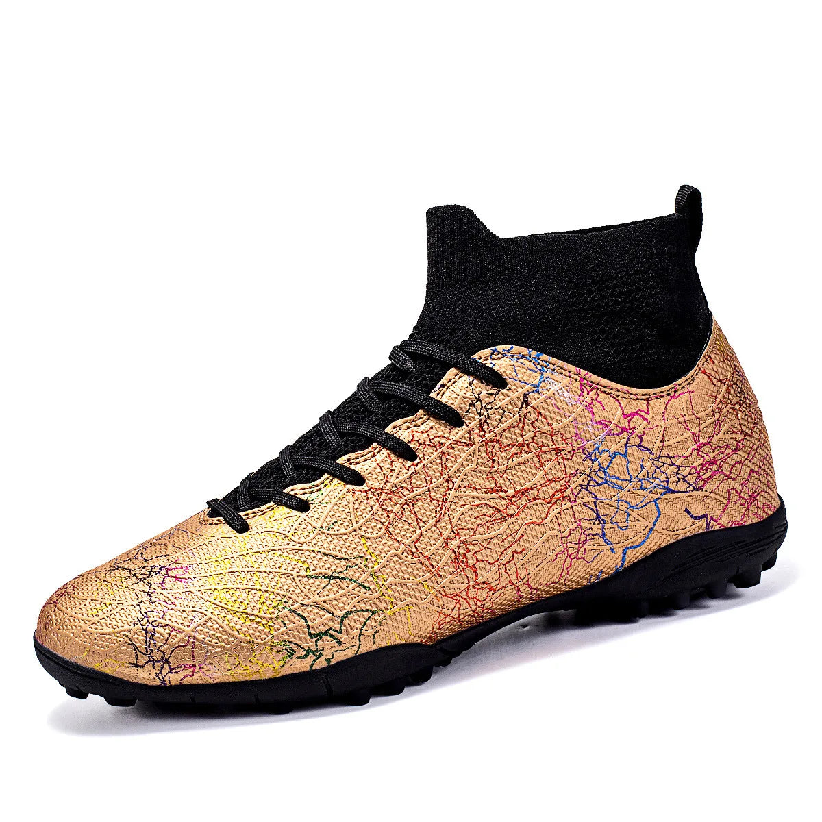 High quality, high-top football shoes, unisex style, comfortable, breathable, available in TF and FG options.  Sole spikes