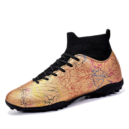 High quality, high-top football shoes, unisex style, comfortable, breathable, available in TF and FG options.  Sole spikes