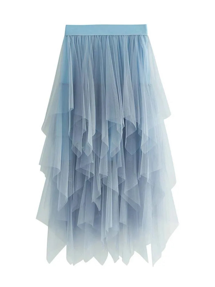 Women Sweet  Midi Spring And Summer High Waist Solid Asymmetrical Elegant Chic White Mesh Tulle Skirts Faldas