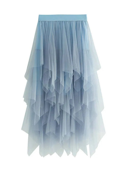 Women Sweet  Midi Spring And Summer High Waist Solid Asymmetrical Elegant Chic White Mesh Tulle Skirts Faldas