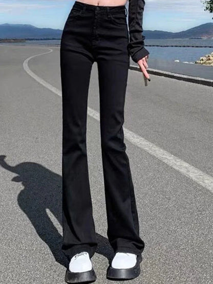 High Waist Elastic Boot Cut Pants Denim Bell Bottom Trousers