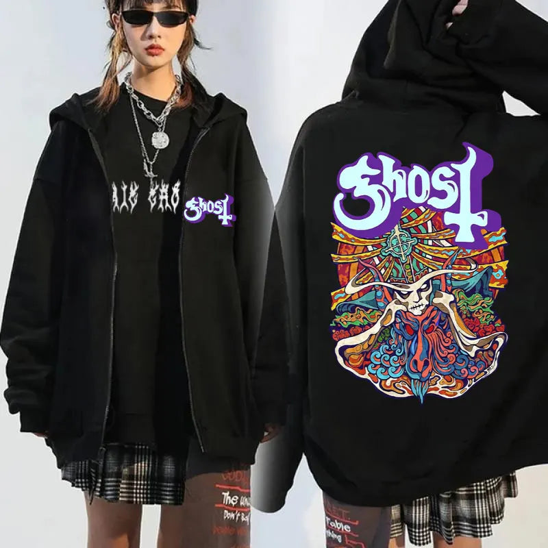 Ghost Band Seven Inches of Satanic Panic Album Graphic zip up hoodies Men's clothing Hip hop Retro harajuku jackets sweatshirt