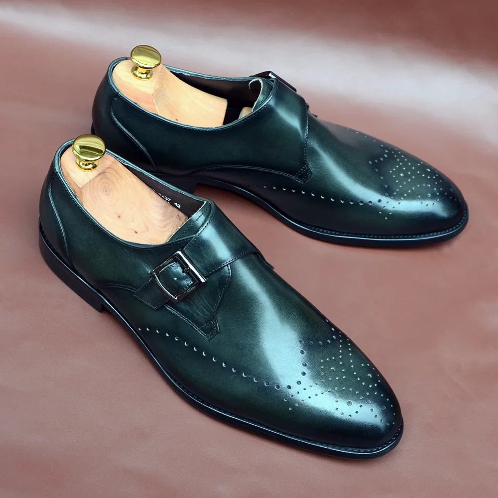 Elegant Men's Monk Strap Dress Shoes Genuine Leather Single Buckle Green Black Loafer Brogue for Party Wedding Formal Occasions