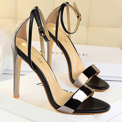 Women Black-White Concise Leather 11cm High Heels Sandals Lady Adjustable Ankle Buckle Shoes Female Fashion Party Dress Shoes
