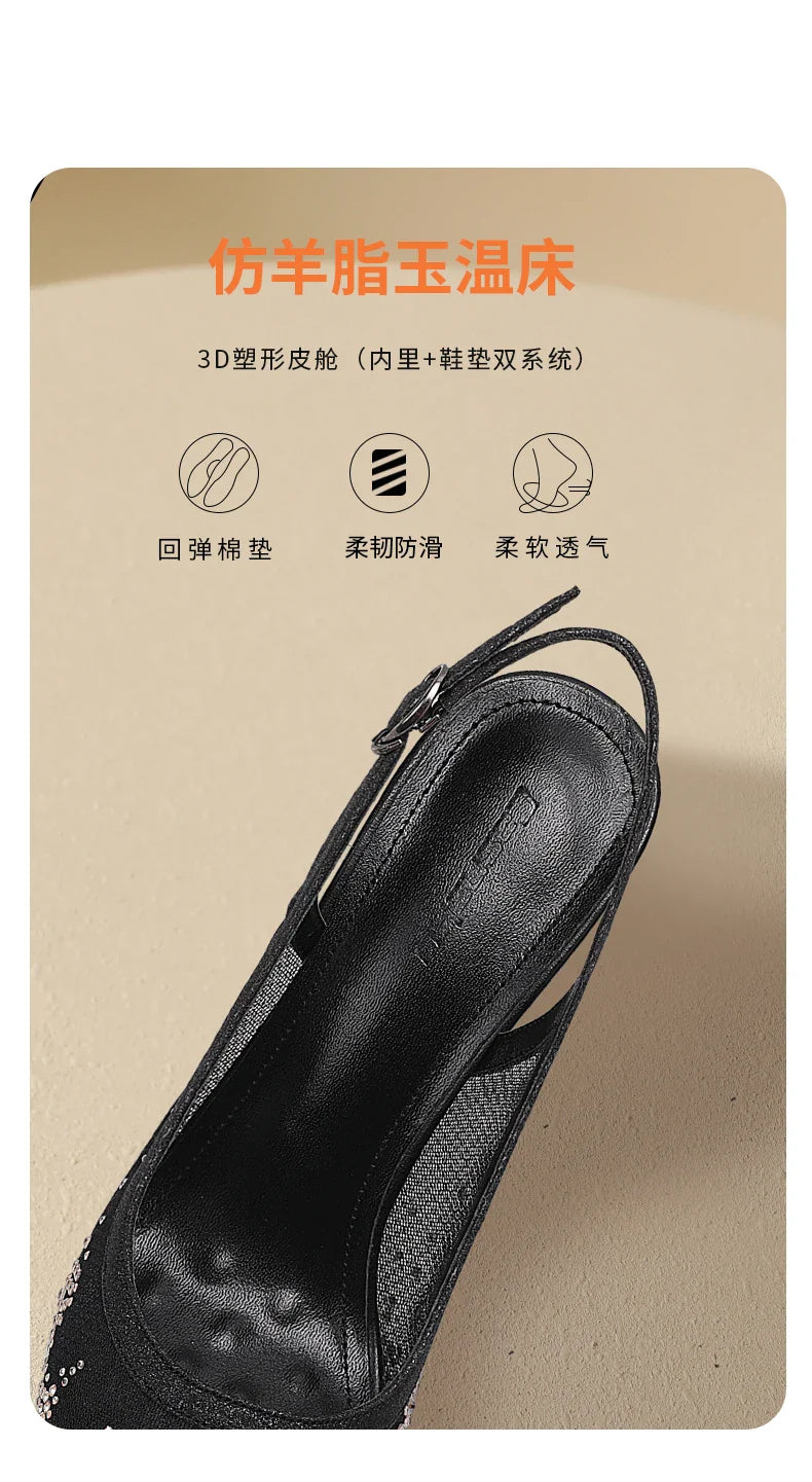 New summer black mesh rhinestone high heels for women, slim heels, shallow toe, sexy sandals with a single buckle strap