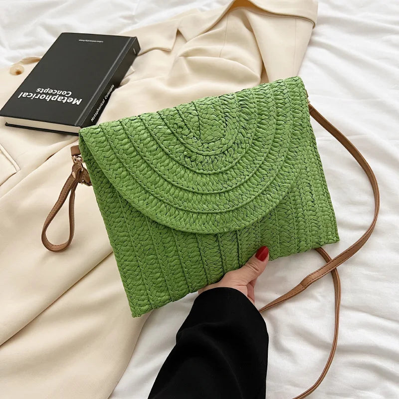 Straw Woven Shoulder Crossbody Bag Beach Clutch Handbag Casual Summer Handmade Envelope Bags for Women Totes Purse