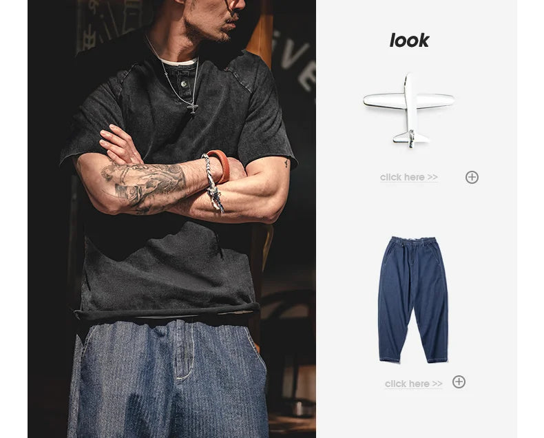 Japanese Vintage Heavyweight Henley T-Shirt Men Distressed Loose Short Sleeve Tops Casual Button Cotton Washed Tee Shirts