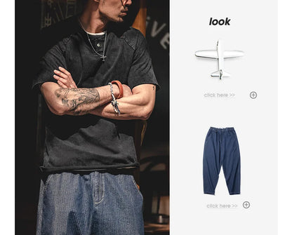 Japanese Vintage Heavyweight Henley T-Shirt Men Distressed Loose Short Sleeve Tops Casual Button Cotton Washed Tee Shirts
