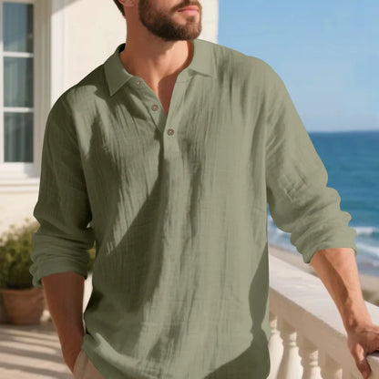 Linen shirt stand-up collar button-down men's loose casual breathable V-neck long-sleeved polo shirt