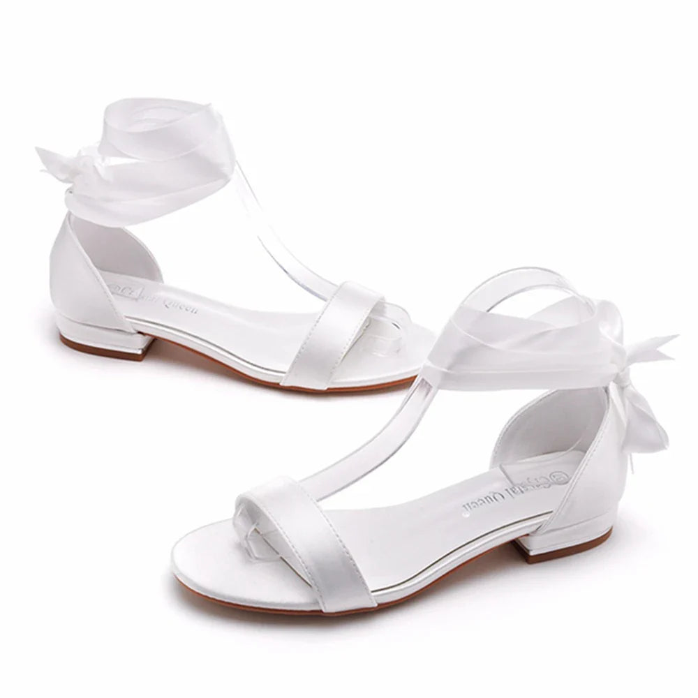 Summer new 2-cm square-heeled silk ribbon pearl rhinestone low-heeled wedding shoes beaded lace-up flat large-size women sandals