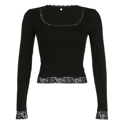 2000s Graphic T Shirt Vintage Fairy Grunge Women Autumn Lace Trim Long Sleeve Slim Fits Tops y2k Clothes Basic Harajuku Tees