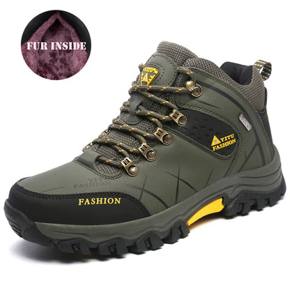 Winter Warm Cotton Shoes Men Outdoor Leather Black Casual Shoes Fur Sneakers High Top Rubber Ankle Boots Male Hiking Trekking 46