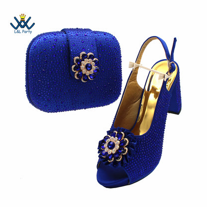 Special Design Women Crystal Style African Ladies Party Shoes Matching Bag in Magenta Color