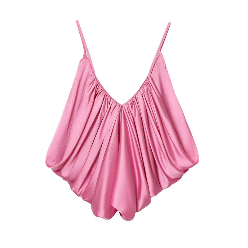 Women's Slip Tops Fashion Satin Pleated V-Neck Sleeveless Top Summer Sexy Female Chic Tops