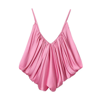 Women's Slip Tops Fashion Satin Pleated V-Neck Sleeveless Top Summer Sexy Female Chic Tops