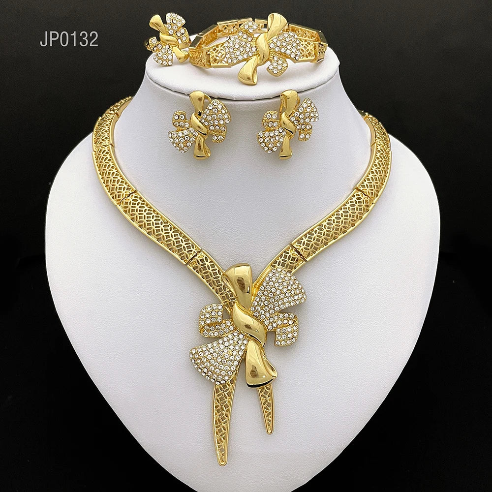 Conjunto de Joias Femininas Banhadas a Ouro 18k, Design Clássico, Colar, Brinco, Pulseira e Anel, Conjunto de 4 Peças, Joias para Festa de Casamento, Itália