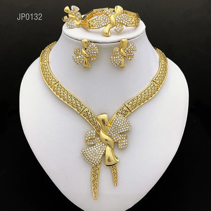 Conjunto de Joias Femininas Banhadas a Ouro 18k, Design Clássico, Colar, Brinco, Pulseira e Anel, Conjunto de 4 Peças, Joias para Festa de Casamento, Itália