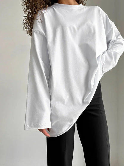 Women Summer 100% Cotton T-shirt Bottoming Spring Basic Fashionable Solid Lady Long Sleeve Loose Tops Shirts