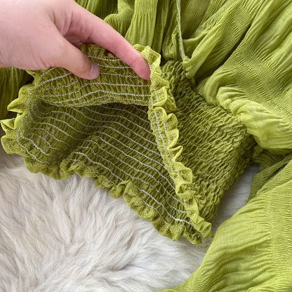Women Sexy Chiffon Short Blouse Female See Through Super Long Sleeve Blusas Purple/Green/Black/White Folds Party Tops 2022 New