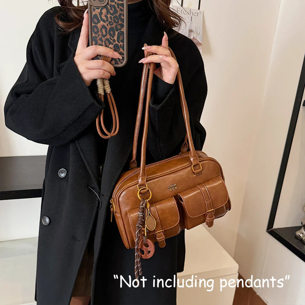 Women's Retro Solid Color Pu Leather Shoulder Bag with Multiple Pockets, Large Capacity, Exquisite and Fashionable Handbag