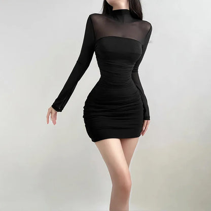 See Through Black Bodycon Dress For Women Clothing Slim Sexy Streetwear Long Sleeve Vestidos De Mujer Patchwork Fashion Outfits