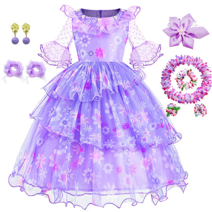 Encanto Isabela Costume Dress For Kids Girl Flare Sleeve Princess Dress Fiower Gown Halloween Christmas Birthday Party Outfits