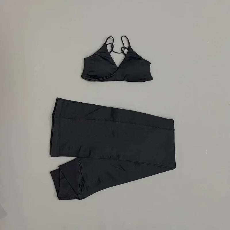 2Pcs Sports Set Women Seamless Front Tie Crossover Bra Crossover Waist Flare Leggings Sets Gym Fitness Workout Sports Sets