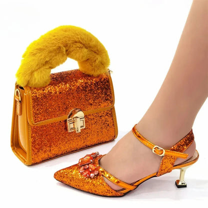 Fashion Orange Women Shoes And Bag Set To Match Ladies High Heels Wedding Pumps And Handbag Clutch Sandals Sandales CR928 6CM
