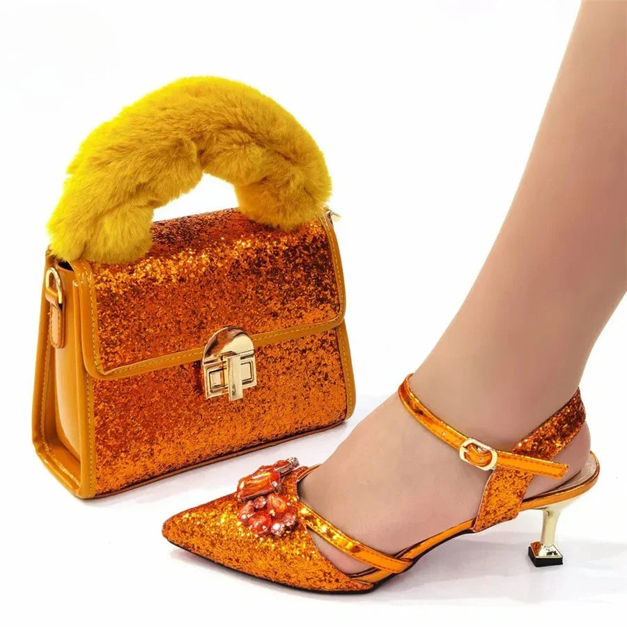 Fashion Orange Women Shoes And Bag Set To Match Ladies High Heels Wedding Pumps And Handbag Clutch Sandals Sandales CR928 6CM