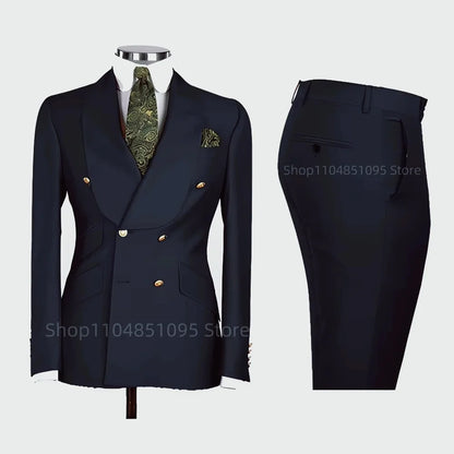 2 PCS Men's Smart Casual Solid Formal Tuxedo Suits with Shawl Lapel Double Breasted Jacket And Pants for Business And Wedding