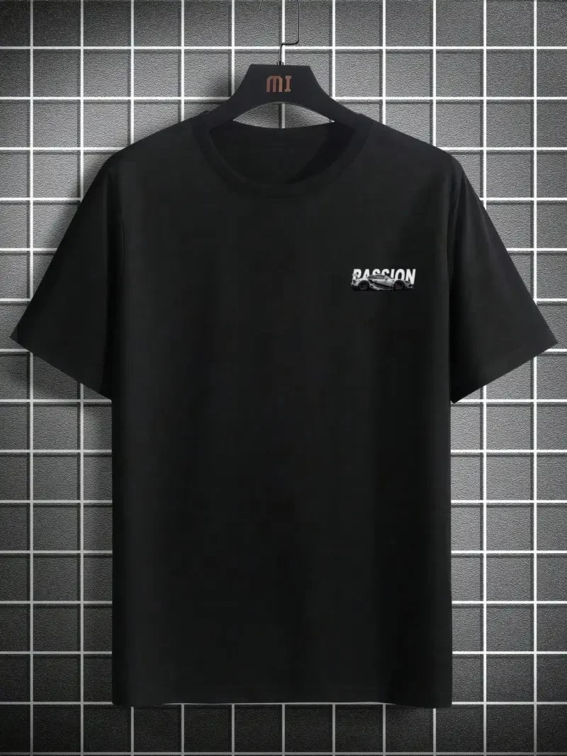 Men's summer 100% pure cotton fashionable casual sports loose racing graphic print round neck short sleeved T-shirt top
