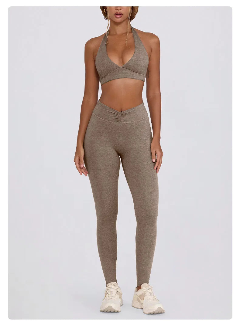 Women's Yoga Suits Quick Drying Leggings Gym Shorts Nude Hanging Neck Bra Running Gym Exercise Sets