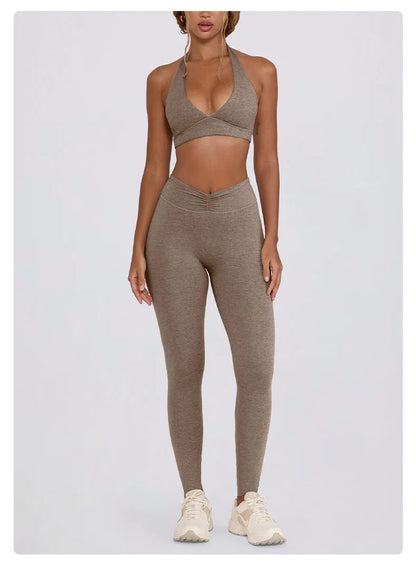 Women's Yoga Suits Quick Drying Leggings Gym Shorts Nude Hanging Neck Bra Running Gym Exercise Sets