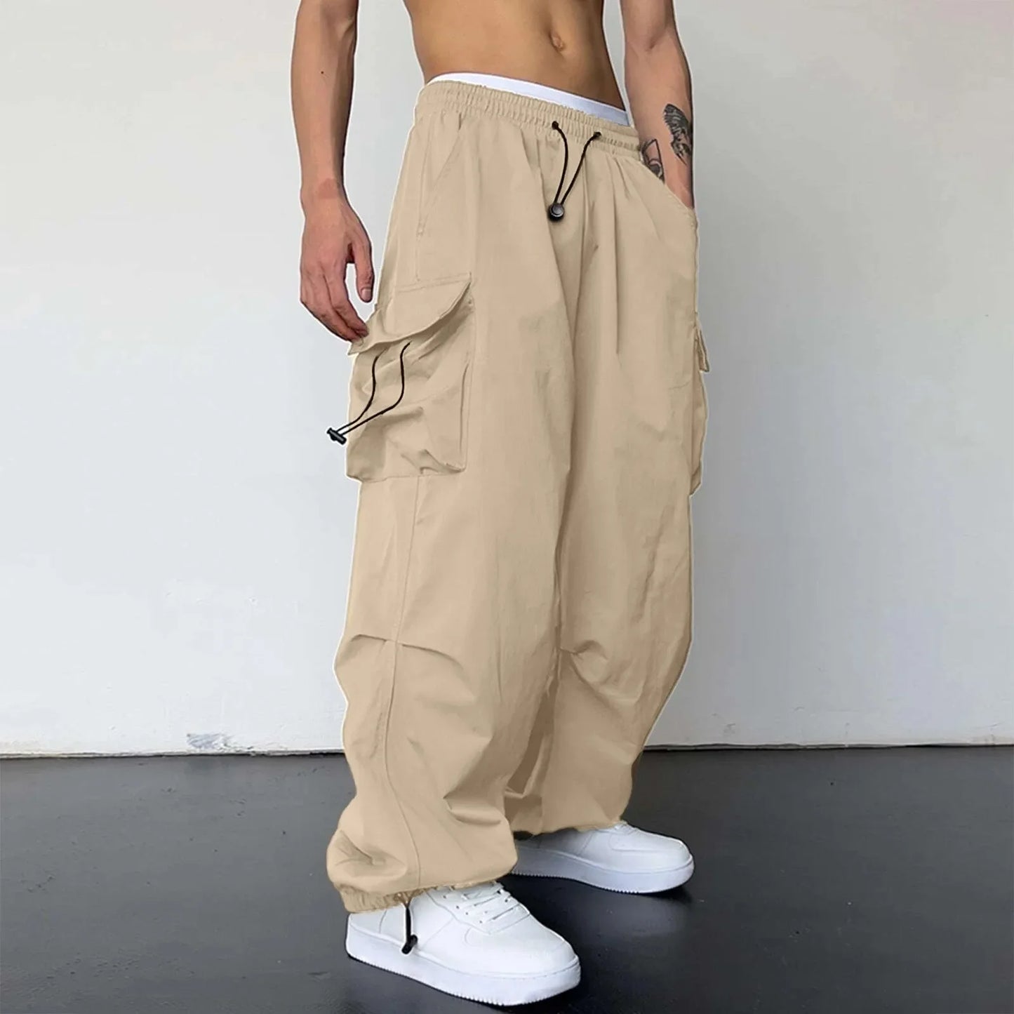 Cool Streetwear Versatile Quicky Drying Wide Leg Low Waist Drawstring Cargo Trousers Fashion Daily Casual Pockets Pants For Male
