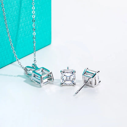 2-5ct Asscher Moissanite Necklace 0.5-3ct Earrings 925 Sterling Silver 18k Gold Plated Wedding Jewelry Set for Woman