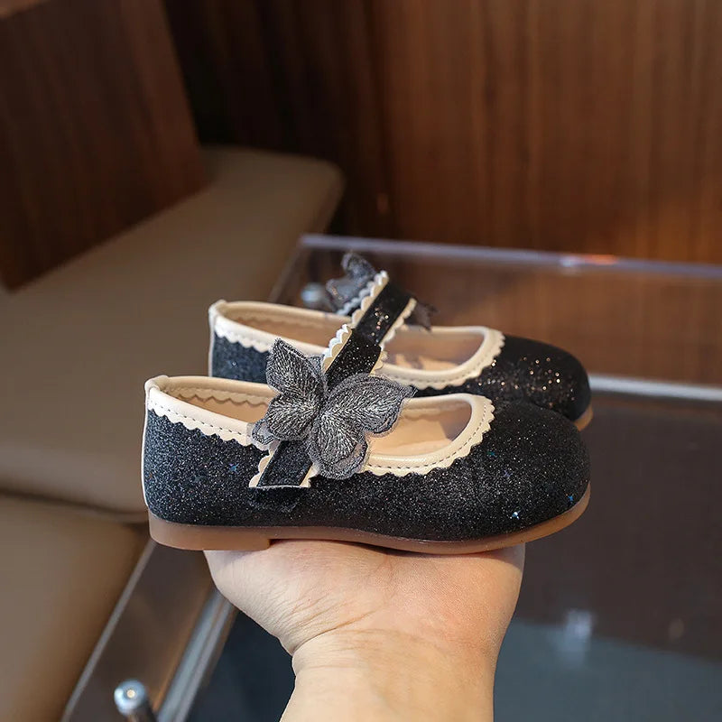 New Girls Princess Shoes Fashion Children's Bow Rhinestone Sequin Kids Shoes Baby Party Student Flat Performance Shoes
