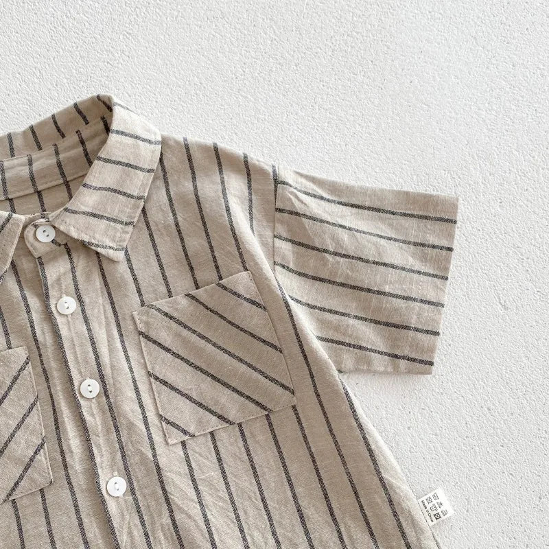 New Summer Korean Style Baby Boys Striped Outfits Cotton Linen Shirts Shorts 2pcs Children Casual Loose Sets