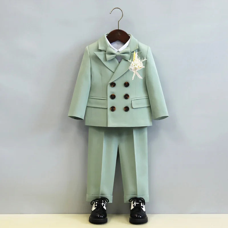 Children's Boys Autumn Formal Green Suit Boys Wedding Suit Children 1 To 14yrs Kids Blazer Pant Bowtie Flower Boys Suits Outfits