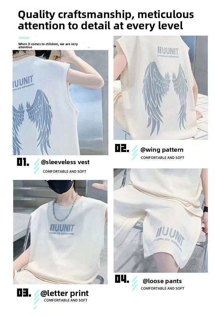 Big Child Cotton Summer Suit for Teens Boy Wing Print Cotton Tshirt + Shorts 2PCS Clothing Set Kids Adult Fashion Street Outfit