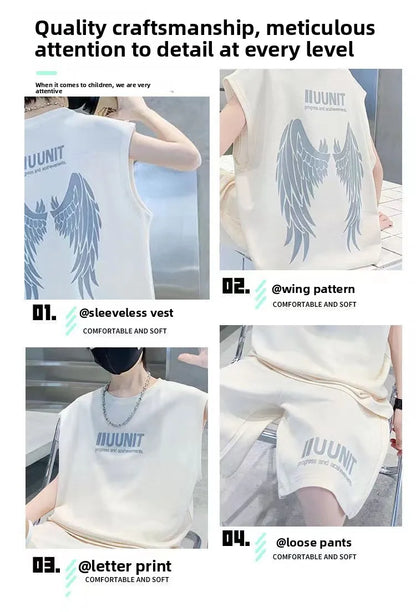 Big Child Cotton Summer Suit for Teens Boy Wing Print Cotton Tshirt + Shorts 2PCS Clothing Set Kids Adult Fashion Street Outfit